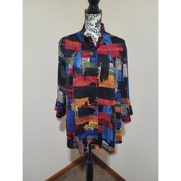 Ali Miles Jackets & Blazers - Ali Miles Womens XL Abstract Brushstroke Jacket Multi-Color Funnel Neck Buttonup